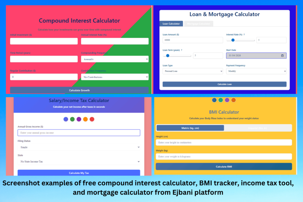 Example screenshots of compound interest , BMI, income tax, and mortgage calculators